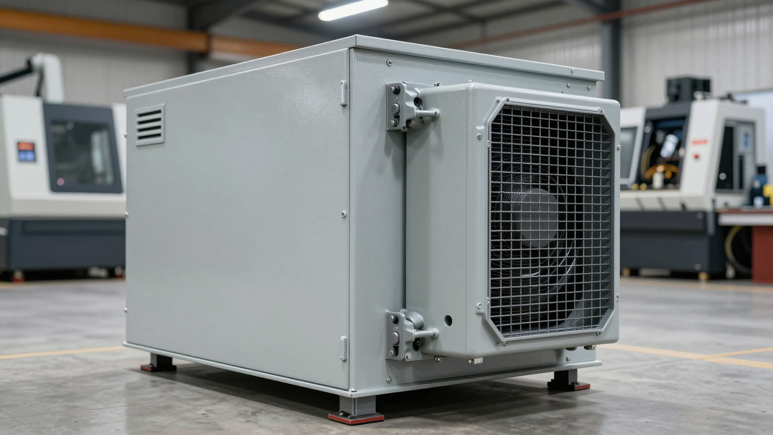 An engineer inspecting the installation of a compact DC air conditioner on a sealed electronics cabinet.