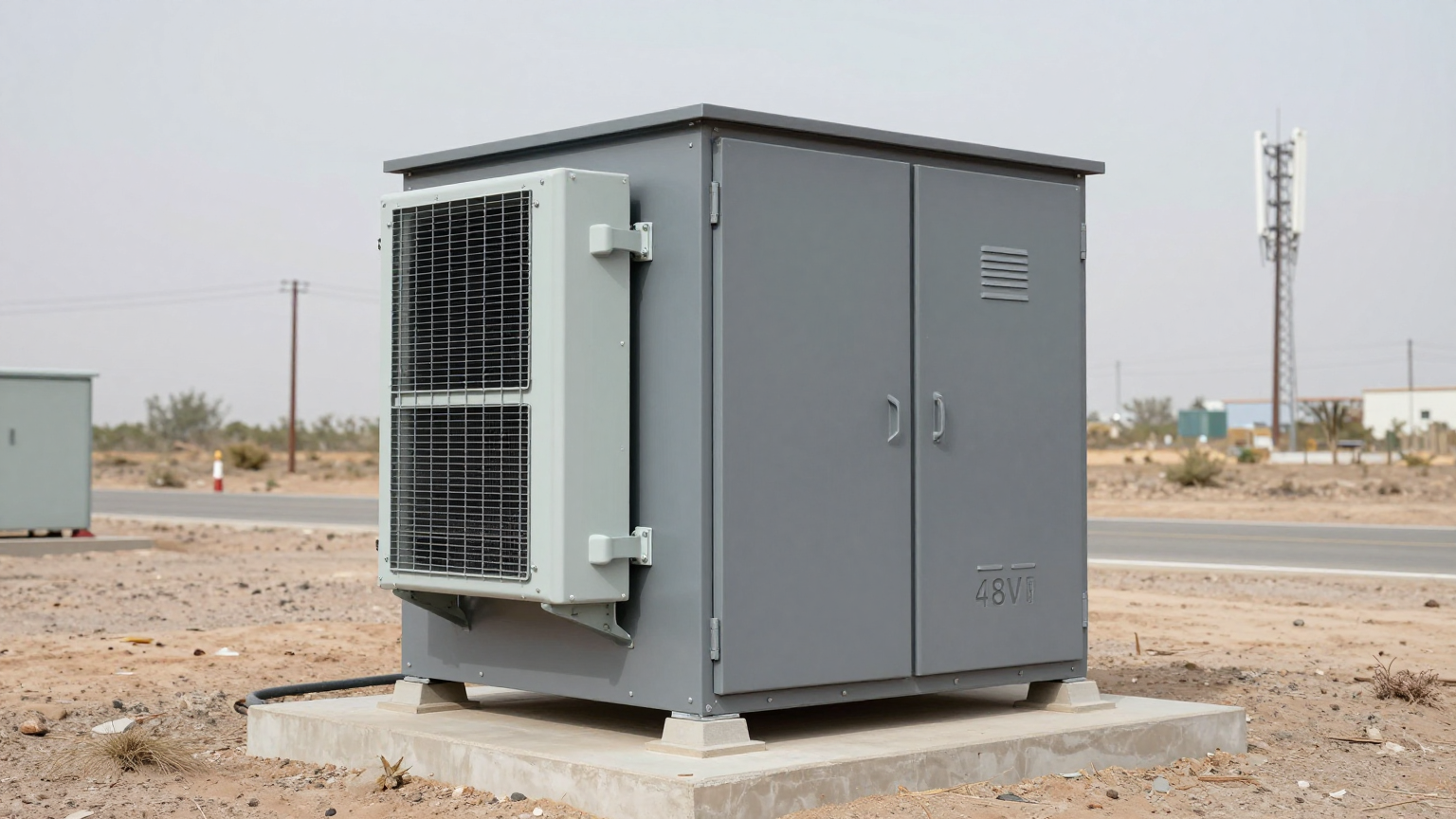 A technician inspecting the condenser coils on an outdoor telecom cabinet cooling system.