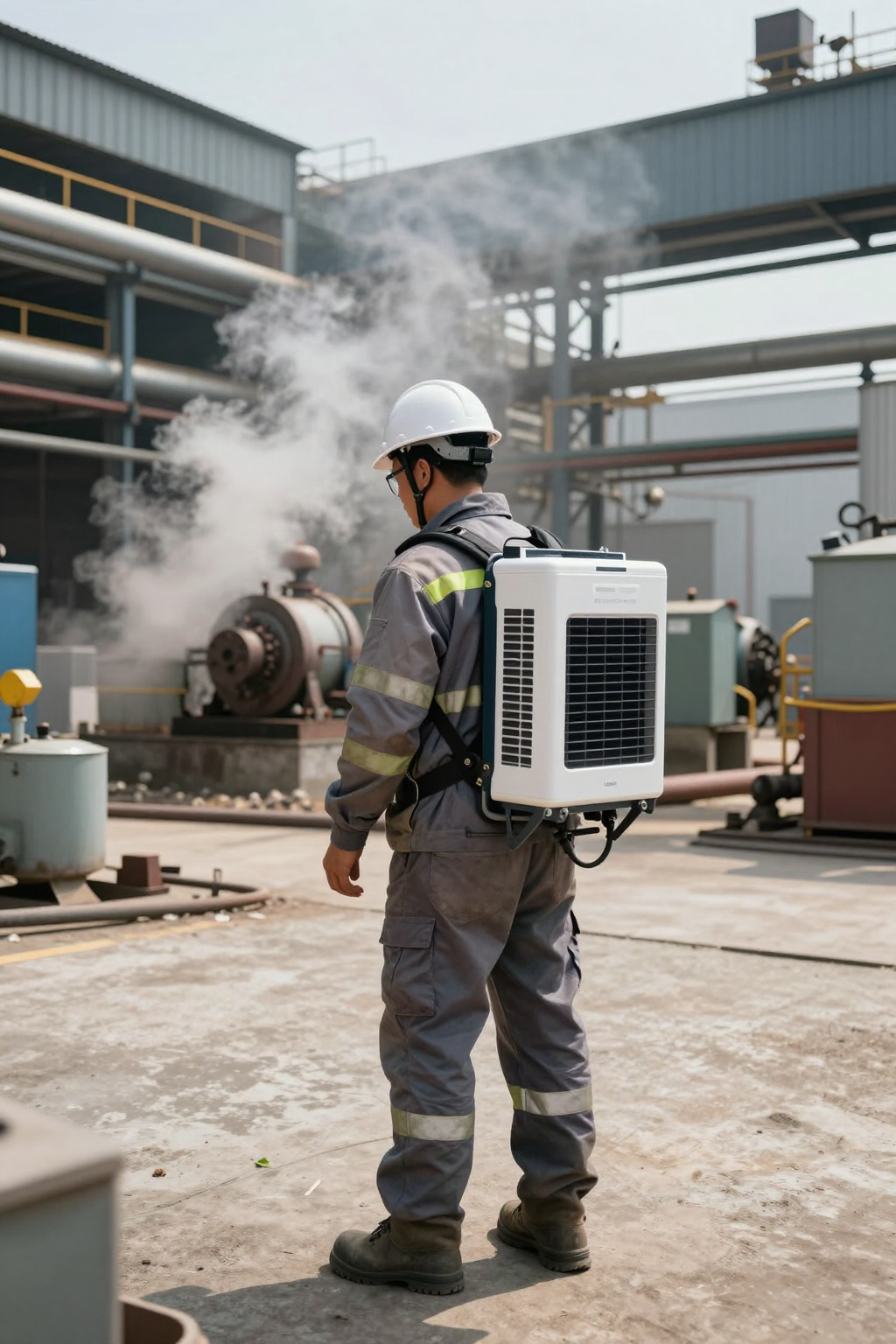 An engineer pointing to the wiring harness and power connector on a micro DC air conditioning unit.