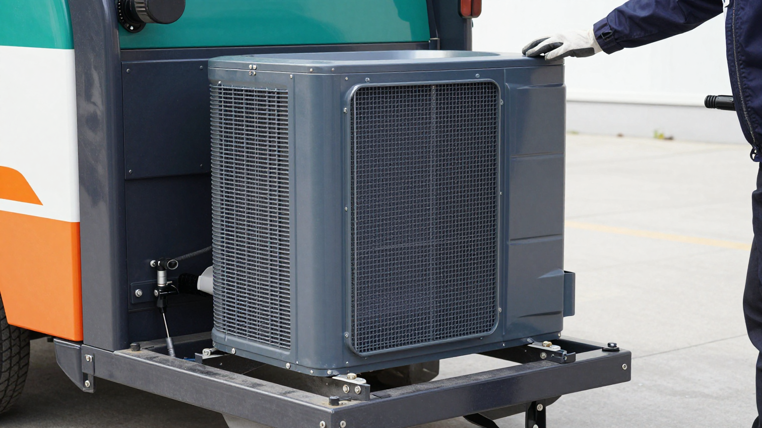 Close-up of dust accumulation around street sweeper condenser area