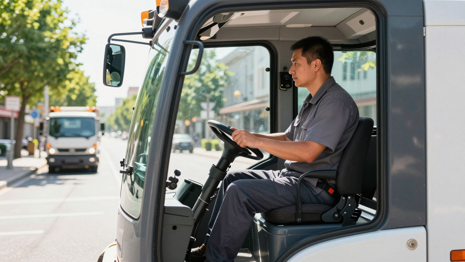 DC air conditioner condenser mounted on a street sweeper with accessible cleaning position