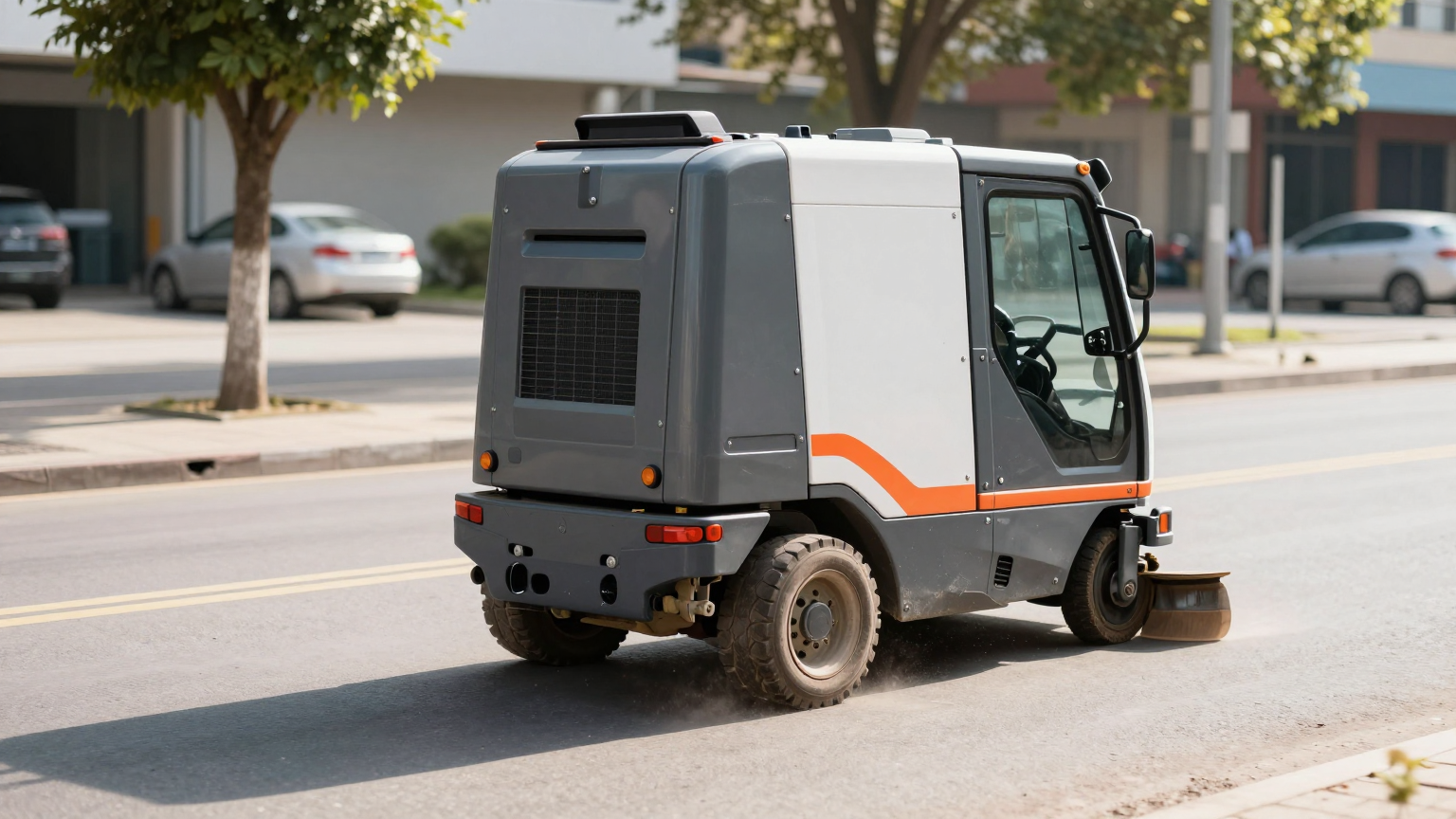 Operator in a cooled street sweeper cab during summer municipal operations