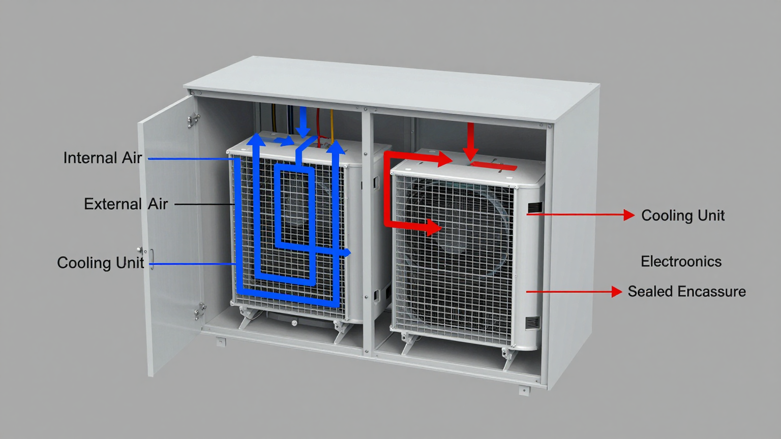 Corrosion visible on the fins of a heatsink inside an electronics enclosure.