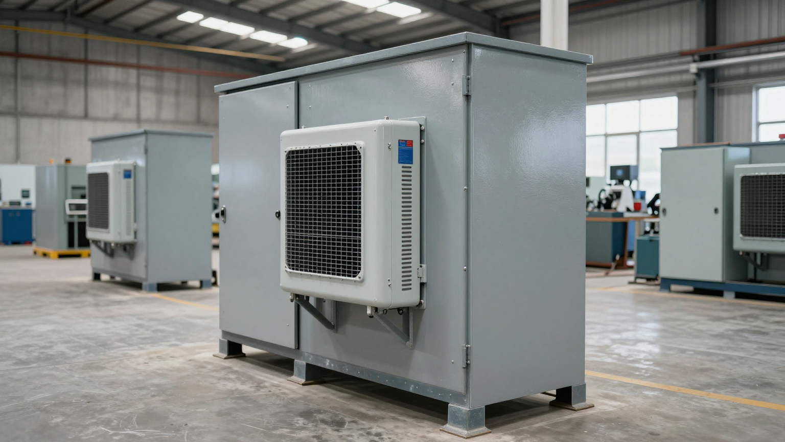 Close-up of a compact Micro DC Aircon unit mounted on the side of a sealed electronics enclosure.