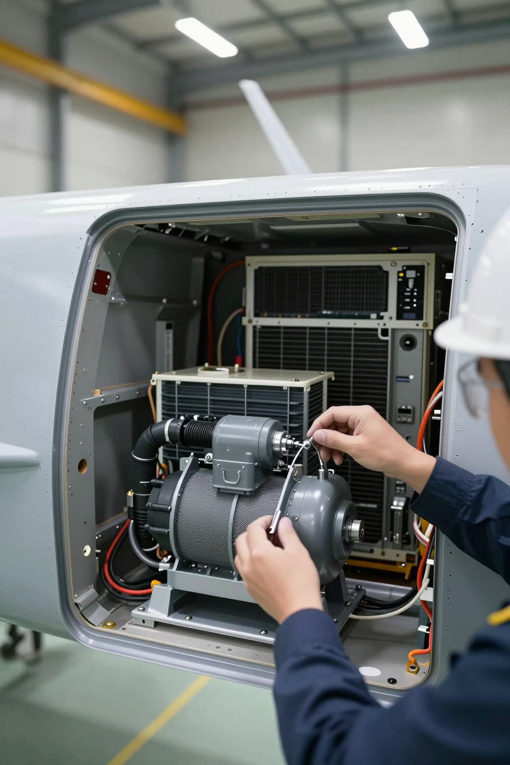 A compact UAV sensor cooling miniature compressor integrated into a payload gimbal.