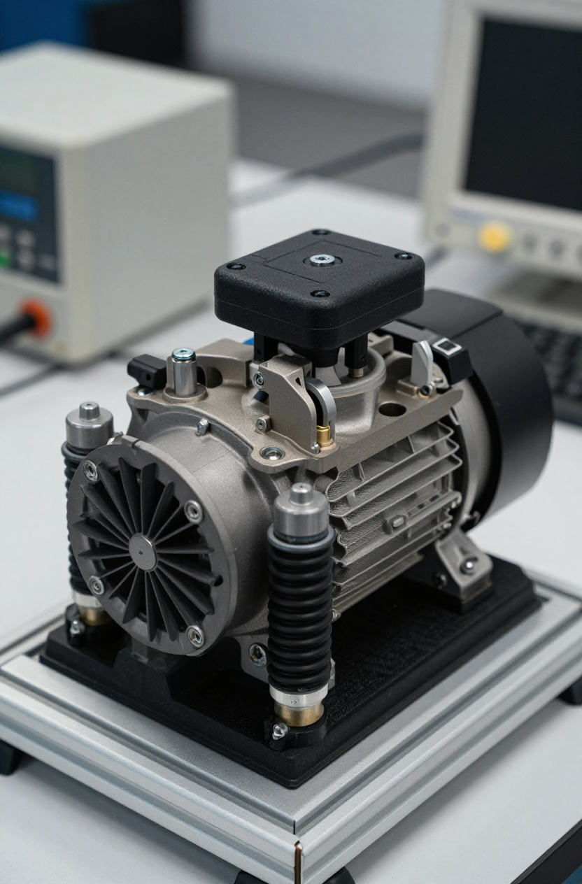 Close-up of the electrical connections and controller board for a miniature DC compressor.