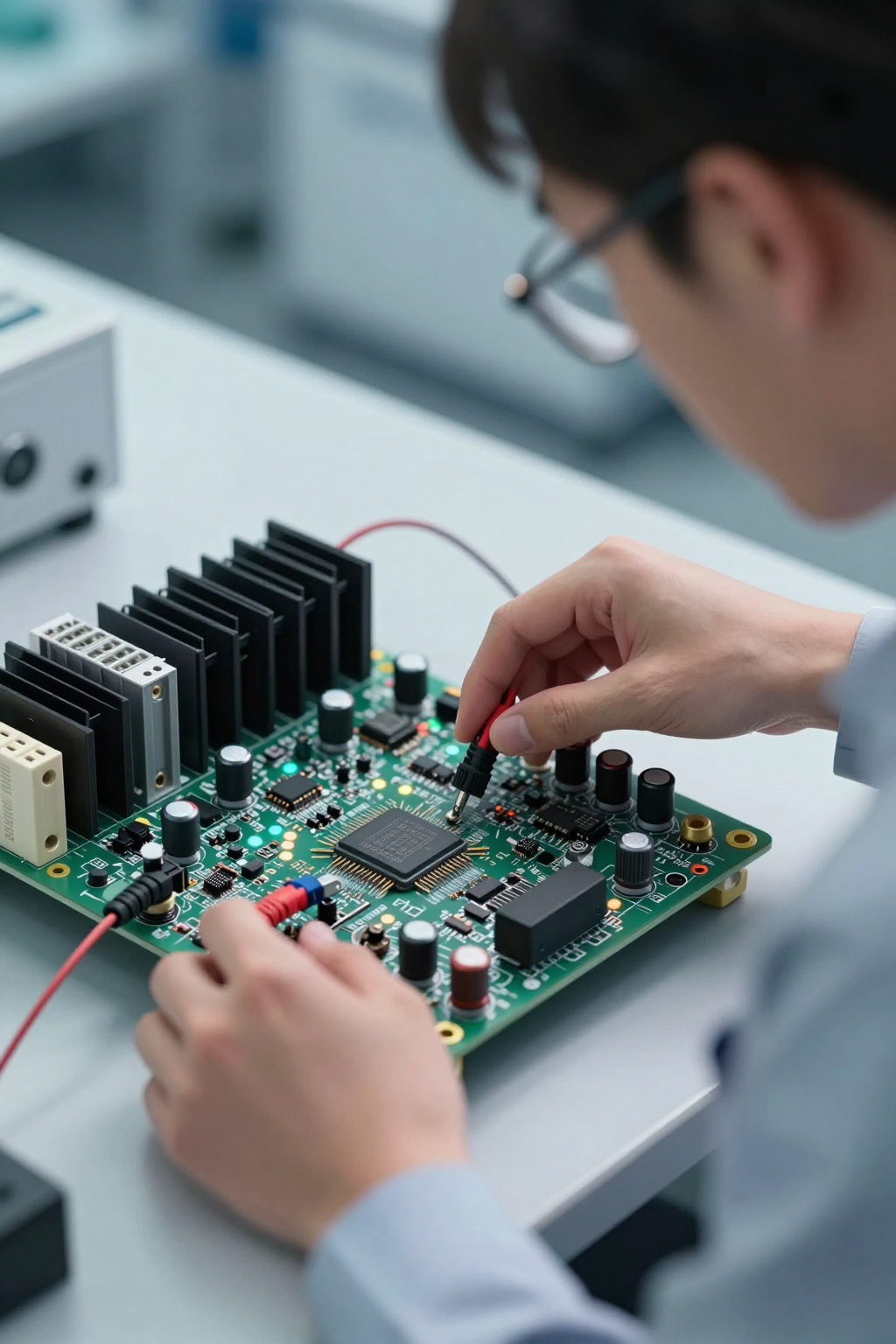 Engineer adjusting settings on a DC compressor driver board