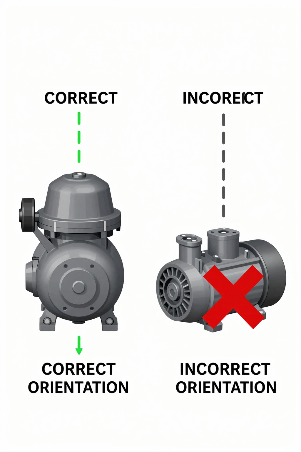 A miniature DC compressor with arrows indicating vibrational forces and mounting points.