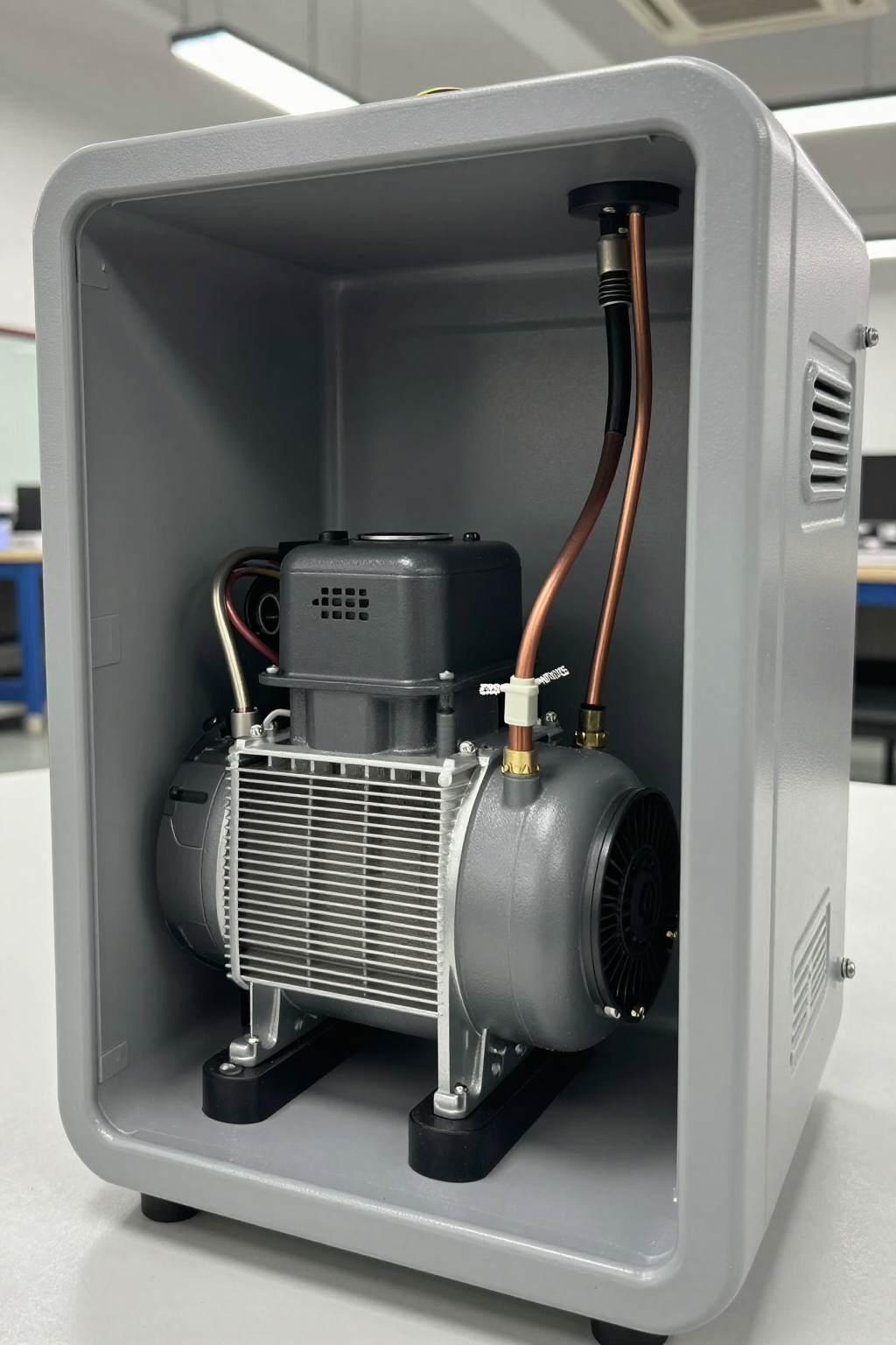 Close-up of a properly installed vibration damping grommet on a compressor mounting foot.