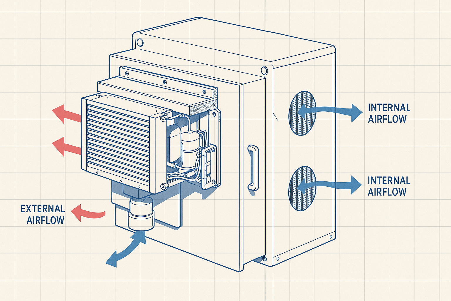A compact Micro DC Aircon unit mounted on the side of a sealed telecom enclosure, showing a real-world application.